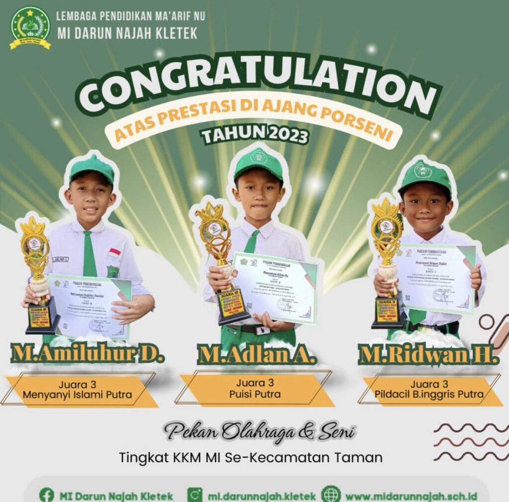M. Amiluhur D. 	JUARA 3 (menyanyi islam Pa)
M. Adlan A. 	JUARA 3 (Puisi Pa)
M. Ridwan H. 	JUARA 3 (pildacil bahasa inggris Ra)