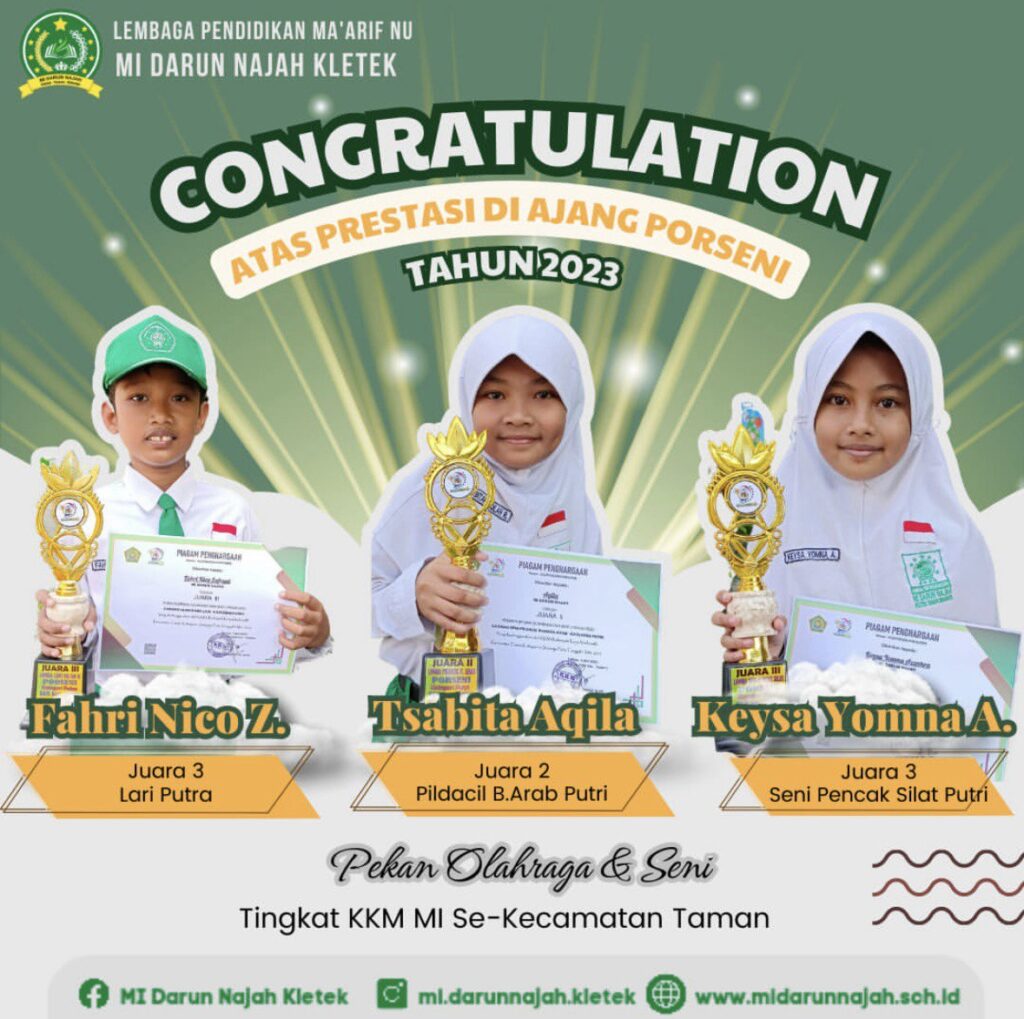 Fahri Nico Z - JUARA 3 (Lari Pa), PORSENI TINGKAT KECAMATAN TAMAN; Tsabita Aqila 	- JUARA 2 (Pildacil B. Arab Pi), PORSENI TINGKAT KECAMATAN TAMAN; Keysa Yomna A. - JUARA 3 (Seni Pencak Silat Pi), PORSENI TINGKAT KECAMATAN TAMAN